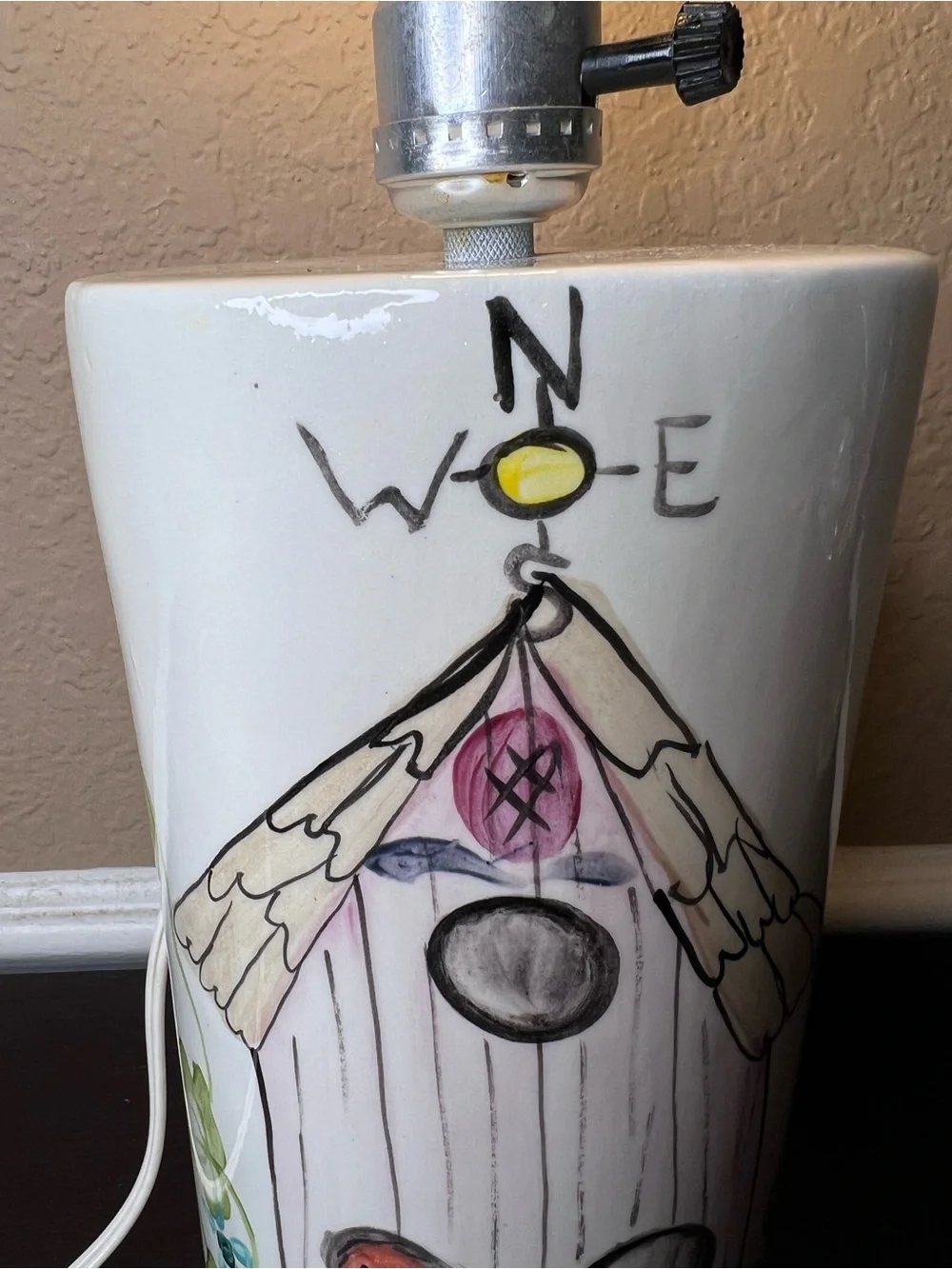 Vintage Ceramic Birdhouse Lamp, Folk Art Cottagecore Table Lamp